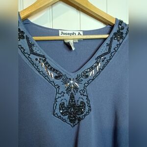 Joseph A. Beaded Large V-Neck 3/4 Sleeve Boho Southwestern Y2K Soft Glam Casual